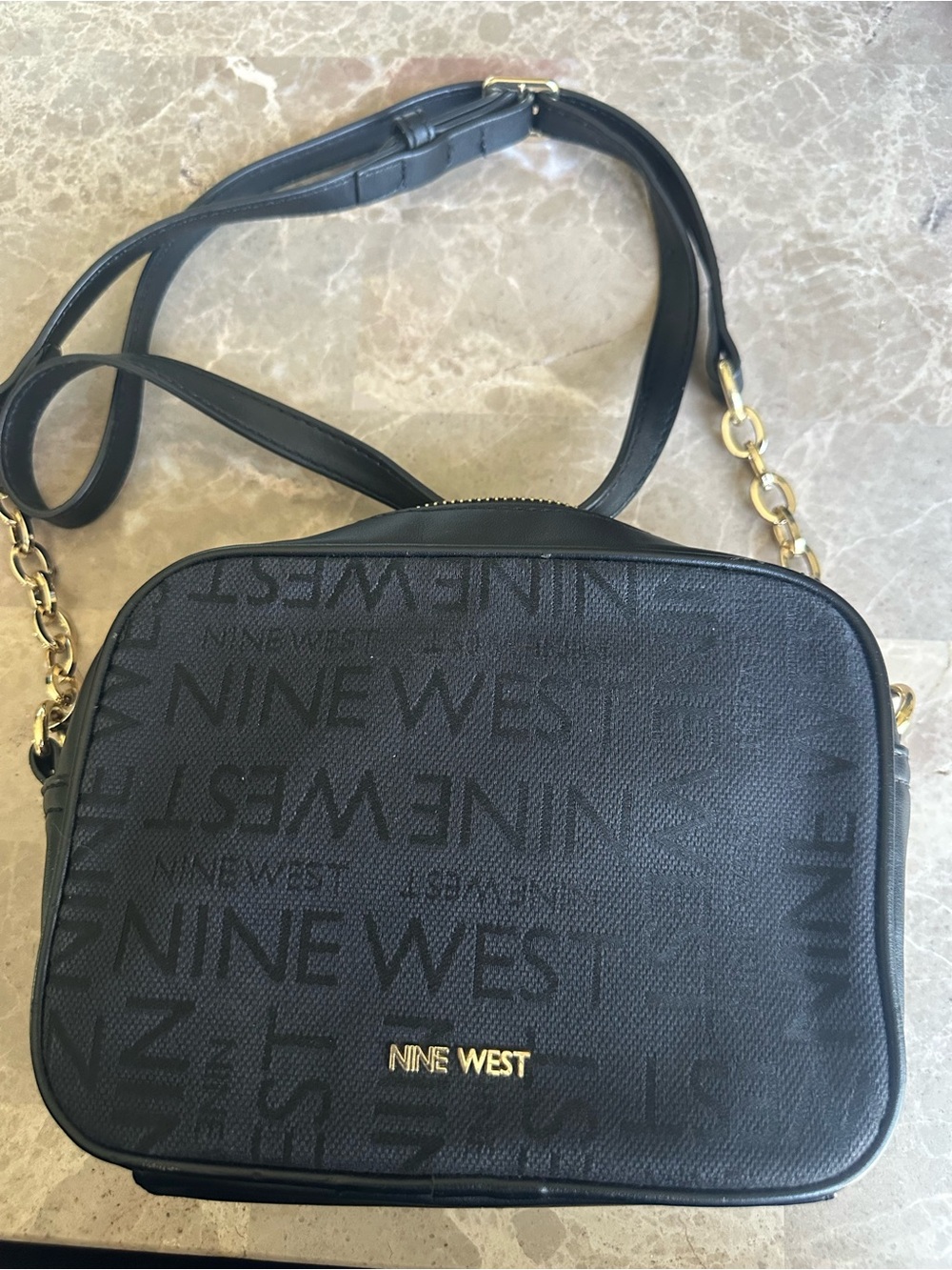 Nine West Black Crossbody with Gold Accents and Logo Print